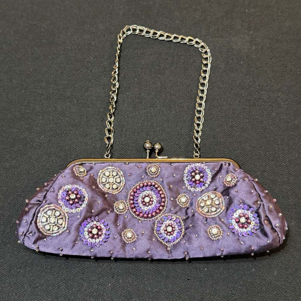 Kate Landry Purple Beaded Satin Evening Clutch Bag 9”